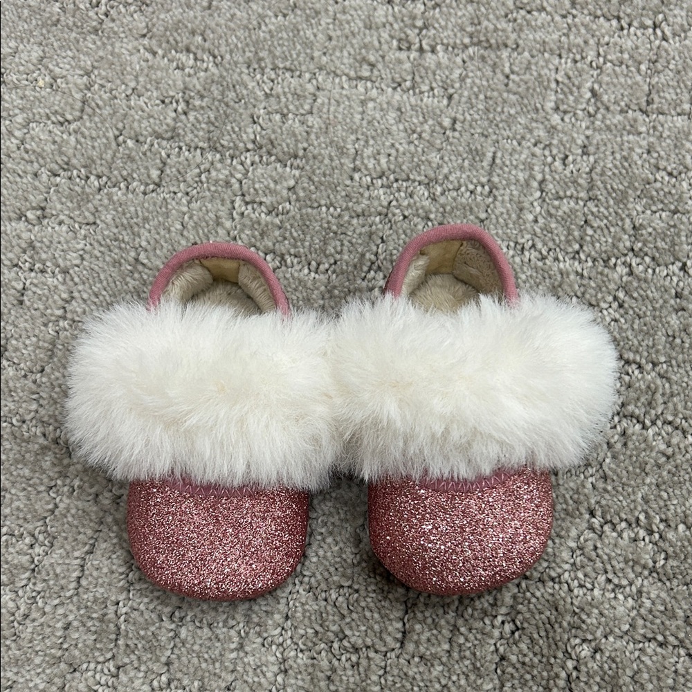 UGG Pink Glitter Kids Slippers with White Fur Trim